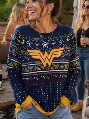 Wonder Woman Graphic Knit Sweater Sz 2X Navy Yellow DC Comics Geek Chic